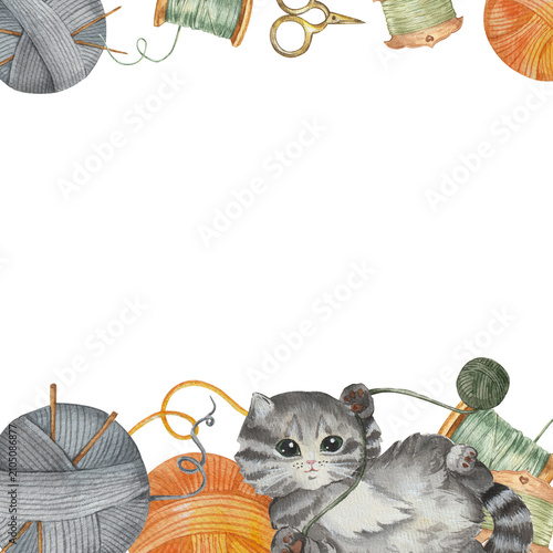 Fotografía Cozy cute frame with balls of yarn and fluffy kitty, orange and gray knitted bal