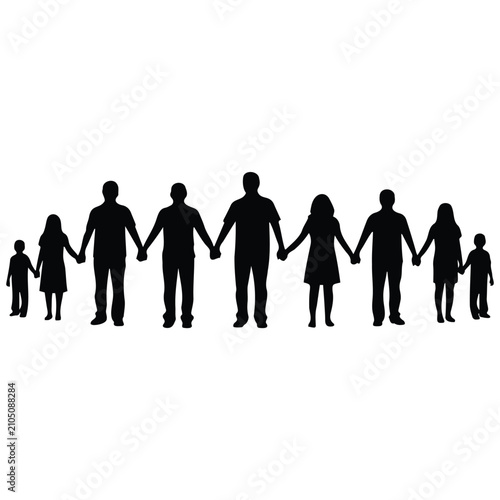 Vector line art silhouette illustration of diverse people holding hands in a straight row.
