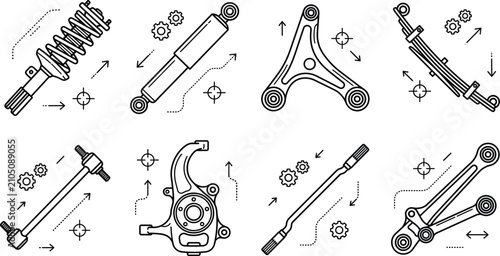Tableau sur toile Car suspension and chassis system parts line art vector set with shock absorber
