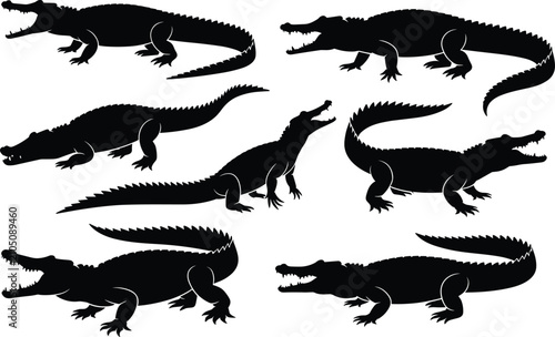 Set of black silhouette of alligators and crocodiles in various dynamic poses and stances, showcasing their reptilian forms