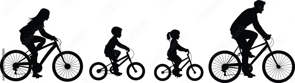 Fototapeta premium Silhouette of a family of four, parents and two children, riding bicycles together in a line, representing outdoor activity and