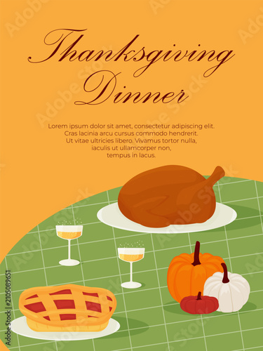 Thanksgiving Dinner invitation template with roasted turkey, sweet pie and pumpkins on green tablecloth