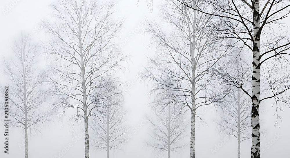 Obraz premium Misty Birch Forest Morning Fog White Bark Delicate Branches Minimalist Landscape