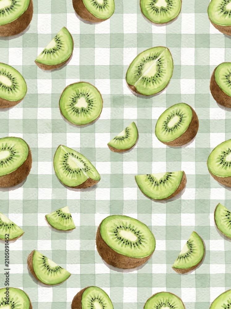 Fototapeta premium Watercolor Seamless Pattern with Fresh Kiwi Slices on Pastel Gingham Background