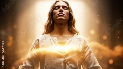 Woman meditating with glowing warm light from chest.