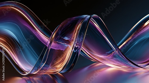 Vibrant abstract wavy glass ribbons shimmer with purple and blue light on a dark reflective surface. Perfect for.