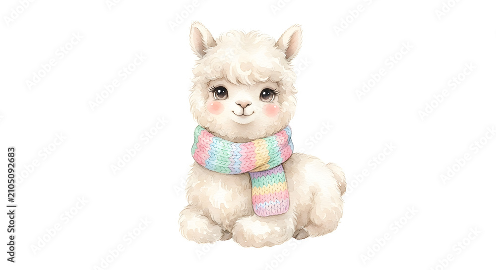 Fototapeta premium Cute Baby Alpaca Llama Watercolor Illustration