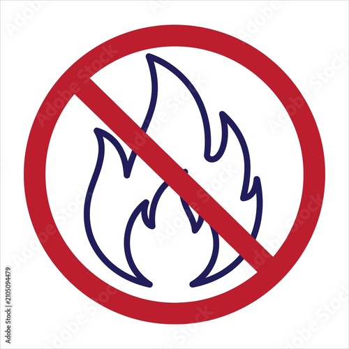 Fire prohibition sign displays a stylized flame inside a red circle with a diagonal slash to indicate a danger zone where open flames are strictly forbidden.