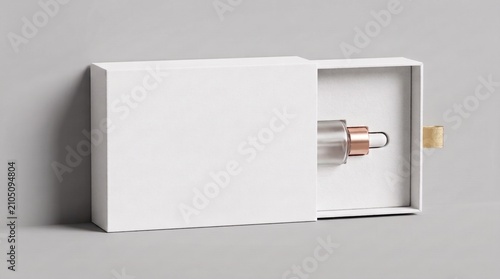 Minimalist white drawer box packaging mockup for cosmetic serum bottle with rose gold cap on neutral background