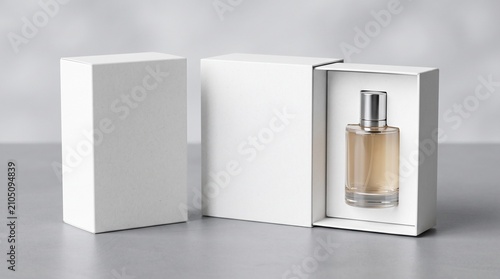 Minimalist White Cosmetic Drawer Box Packaging Mockup with Luxury Perfume Glass Bottle for Beauty Branding