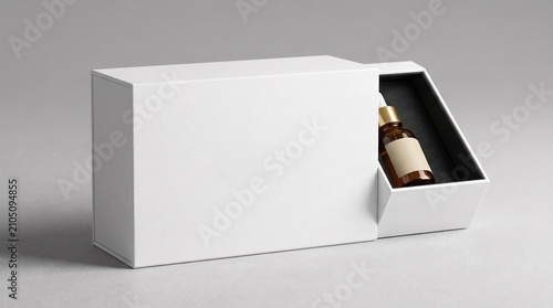 Minimalist White Slide Drawer Packaging Box Mockup with Small Amber Glass Bottle for Cosmetics Branding