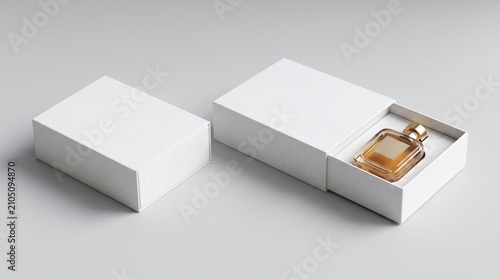 Premium White Slide Drawer Packaging Box Mockup with Glass Perfume Bottle for Branding Design