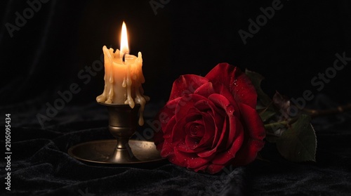A single glowing candle in a brass holder sits beside a beautiful red rose on a deep dark black fabric