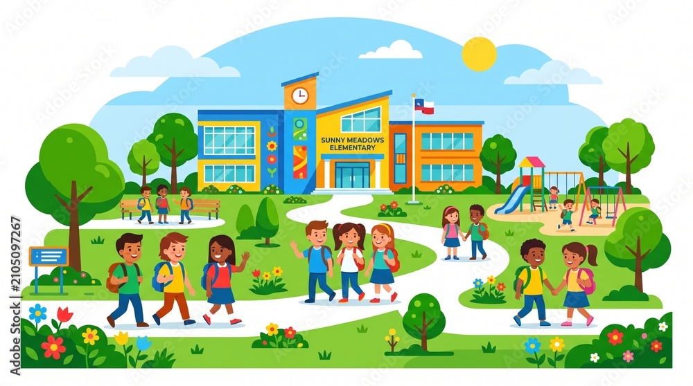 Naklejka premium Vibrant flat vector of diverse children walking to a modern elementary school with a sunny playground background