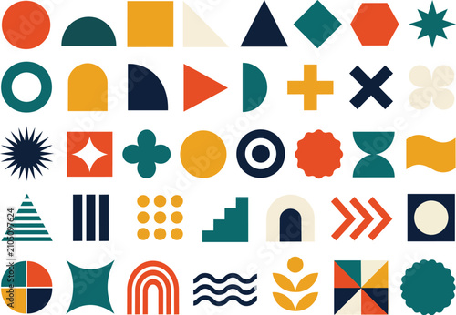 Set of flat geometric shapes and abstract symbols for graphic design
