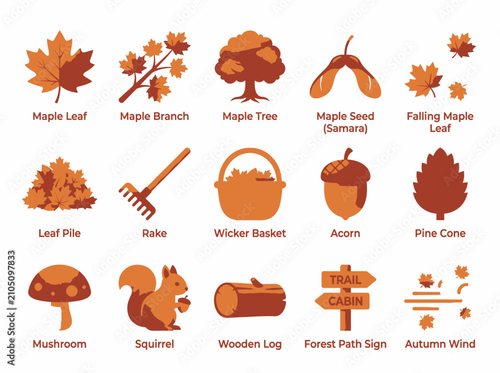 Fototapeta premium Collection of Sweater Weather autumn nature icons featuring Maple Leaves and woodland elements for seasonal fall design and harvest activities