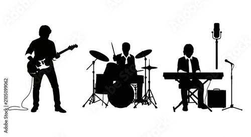 Silhouettes of musicians playing guitar drums with drums keyboard white background black silhouettes three entertainment performance instrument