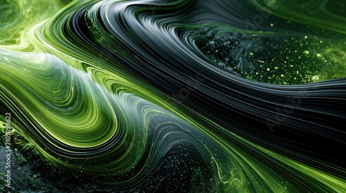 Abstract liquid green and black ink flowing in smooth waves. Ideal for modern technology or organic nature backgrounds.
