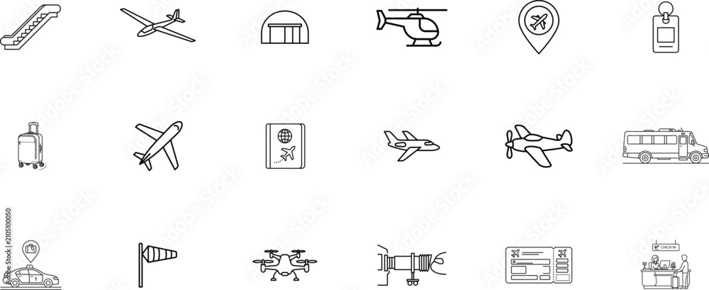 Fototapeta premium Minimalist black and white airport and travel icon set collection with aviation