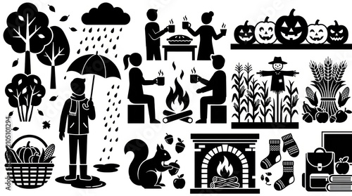Collection of autumn and harvest season flat icons