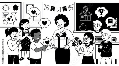 Happy students giving gifts to their teacher in classroom