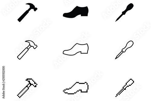 Foto Set of hammer, shoe, and awl icons in solid black, outline, and pixel styles, ar
