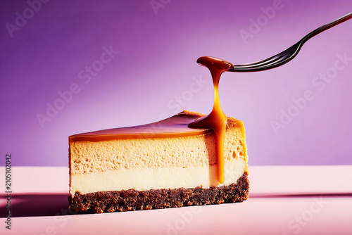 A caramel cake sits on a round stand. The cake has a smooth surface and a shiny mirror glaze. The background is a solid purple color, creating a bold contrast