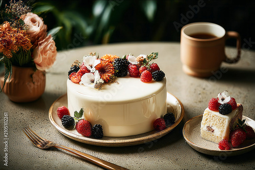 A white chocolate cake sits on a table, topped with colorful berries and fresh flowers. The bakery is busy, and the sunlight shines through the windows, highlighting the cake