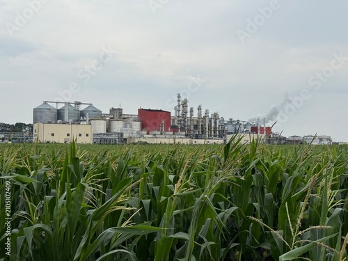 View of methanol and ethanol factory plant in corn field. Bioagra Goswinowice Ethanol Production Plant located near Nysa in Poland. Factory of bioethanol and ethanol produced from corn grain