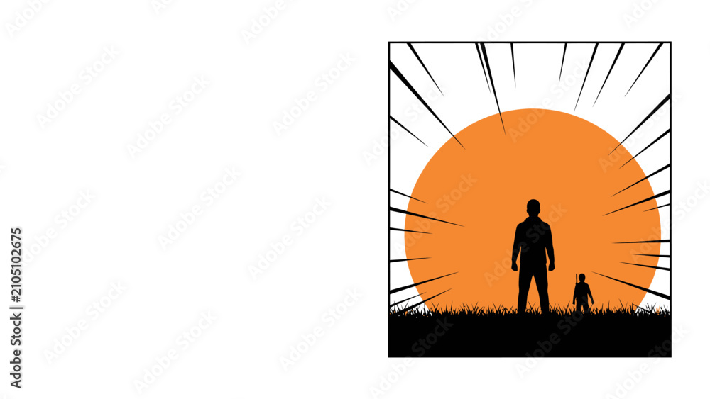 Fototapeta premium Silhouette of Father and Child Against a Large Orange Sun in Manga Style