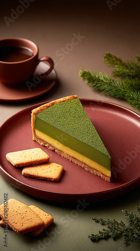A round kiwi and mint pie sits on a black plate. Thin slices of cookie accompany the pie. Fresh kiwis are placed nearby. The setting is simple and modern, focusing on the dessert
