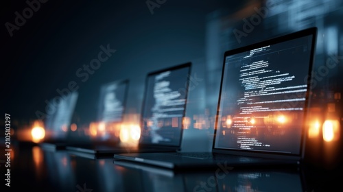 Obraz na płótnie Modern laptop computer screen displaying programming code in dark environment with glowing orange light effects illustrating software development and coding concept
