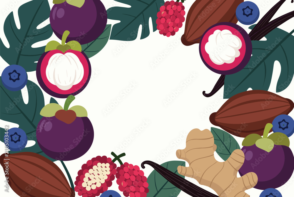 Fototapeta premium Lush tropical frame featuring mangosteen fruits, cocoa pods, berries, and ginger root on a decorative background with leaves.