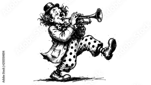Whimsical vintage illustration of a cheerful circus clown playing a trumpet, bringing joy, laughter, music, and festive entertainment for carnival and celebration themes.
