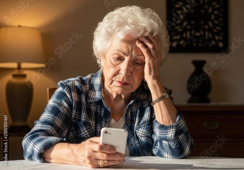 Senior woman looking at her smartphone with a worried expression