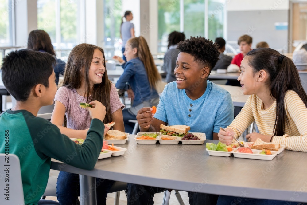 Obraz premium Diverse Students Sharing Healthy Lunch in School Cafeteria