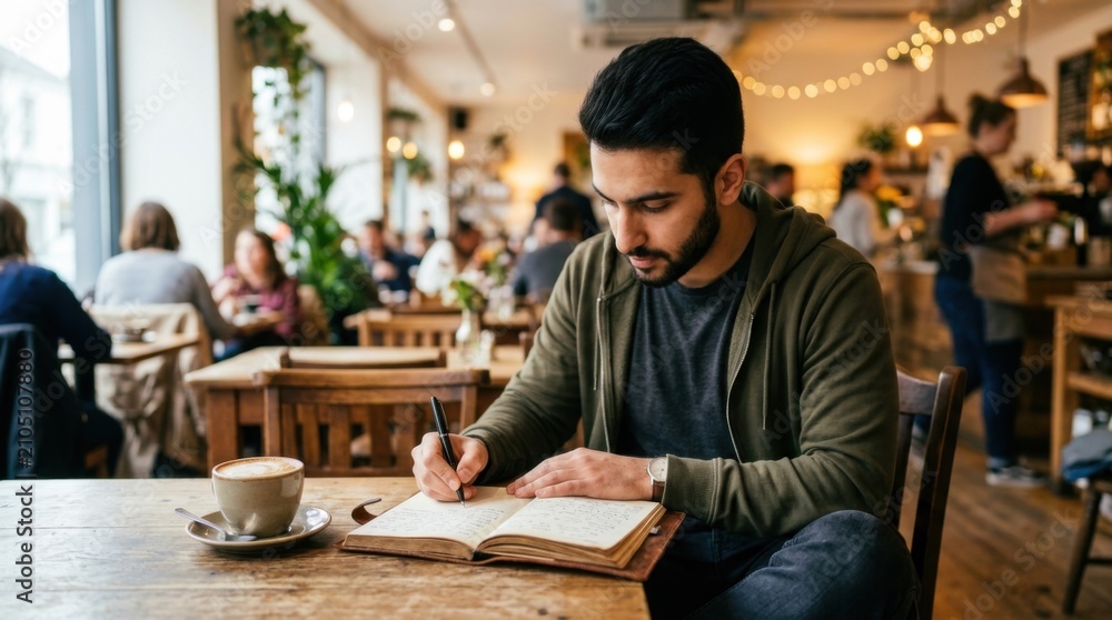 Fototapeta premium Young Professional Writer Drafting Creative Content in Personal Journal inside Caf?