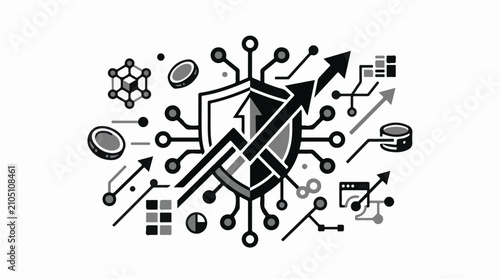Digital security shield with upward arrows and network nodes