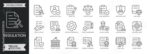 Regulation outline icon set. Containing legal, compliance, law policy, justice, audit, system governance, protection, seal, stamp,  agreement and more. Editable stroke icons pack. Vector illustration