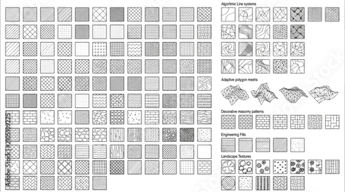 Architectural hatching patterns and engineering fills vector set, technical drawing textures, landscape and topographic mapping symbols