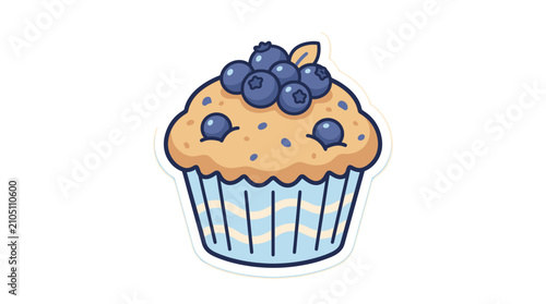 Cute blueberry muffin cartoon illustration with blue wrapper.