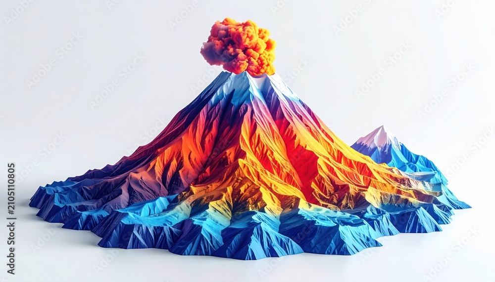 Obraz premium Stylized 3d model of a colorful erupting volcano