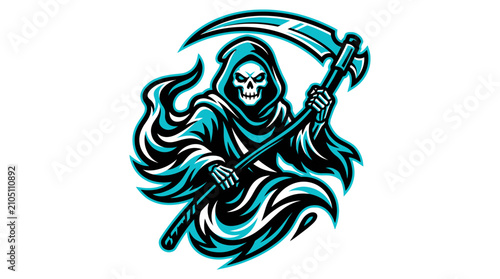 Grim Reaper mascot logo illustration with blue highlights.
