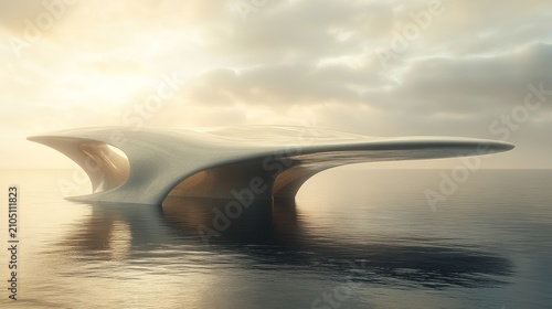 Floating, sculpted structure on serene water