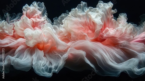 Flowing, translucent fabrics in soft peach and white, against a dark background