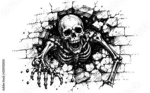 Detailed black and white vintage illustration of a human skeleton breaking through a cracked brick wall, creating a dramatic horror scene ideal for Halloween, tattoo, gothic, and dark themed designs.