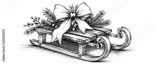 Detailed vintage engraving of a wooden Christmas sled decorated with evergreen branches, berries, and a large ribbon bow, creating a warm festive holiday decoration.