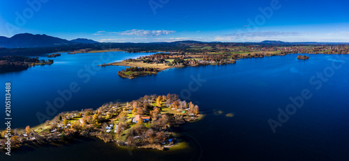Germany, Bavaria, East Allgaeu, Garmisch-Partenkirchen district, Alpine Foreland, Aerial view of Staffelsee lake with islands