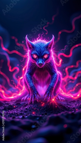 Elegant vibrant light trends leading to a beautiful neon color creature core on premium navy blue gradient background
