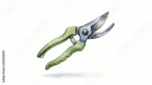 Garden pruners watercolor illustration. Hand drawn secateurs for pruning and landscaping.
